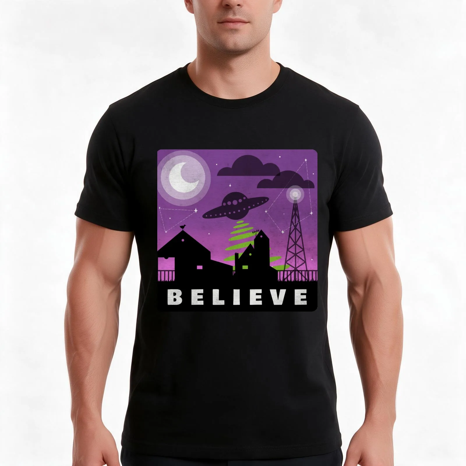 Believe in aliens village nightscape T-Shirt, Summer Casual Cotton Tee, Oversized Streetwear Tops, Vintage Graphic Print