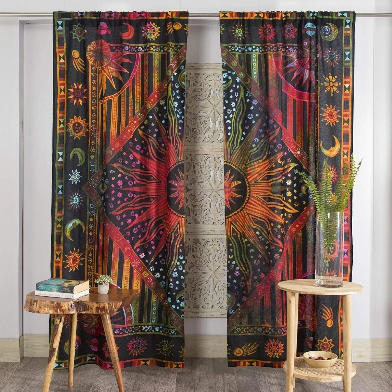 Popular Handicrafts Indian Burning Sun Moon Hippie Mandala Window Curtains for Doorways Closets - Gypsy Tye Dye Bohemian