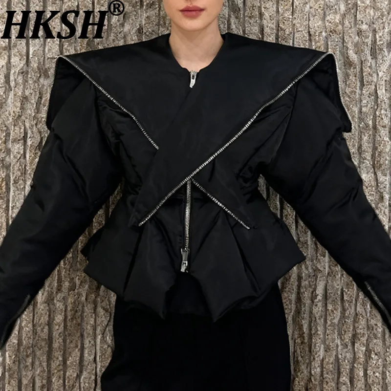 

HKSH 2025 Autumn Winter New Women's Short Padded Coat Turn-down Collar Zipper Waist Cinching Slim Fit Trendy Warm Jacket HK14211