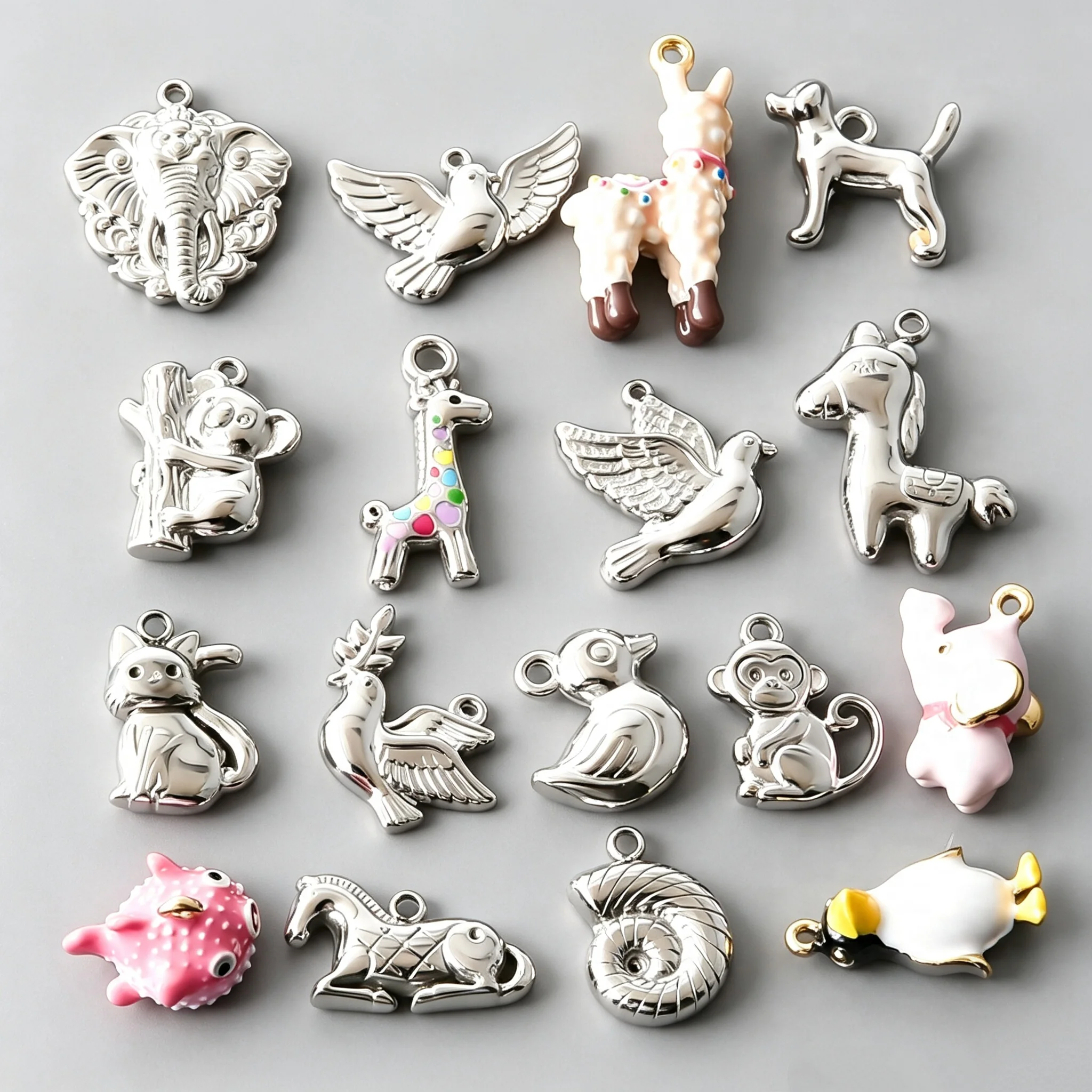 6pcs Cute Koala Yellow Duck Cat Animal Stainless Steel Pendant 3D Simulate Exquisite Enamel Elephant Pigeon DIY Fashion Pendants