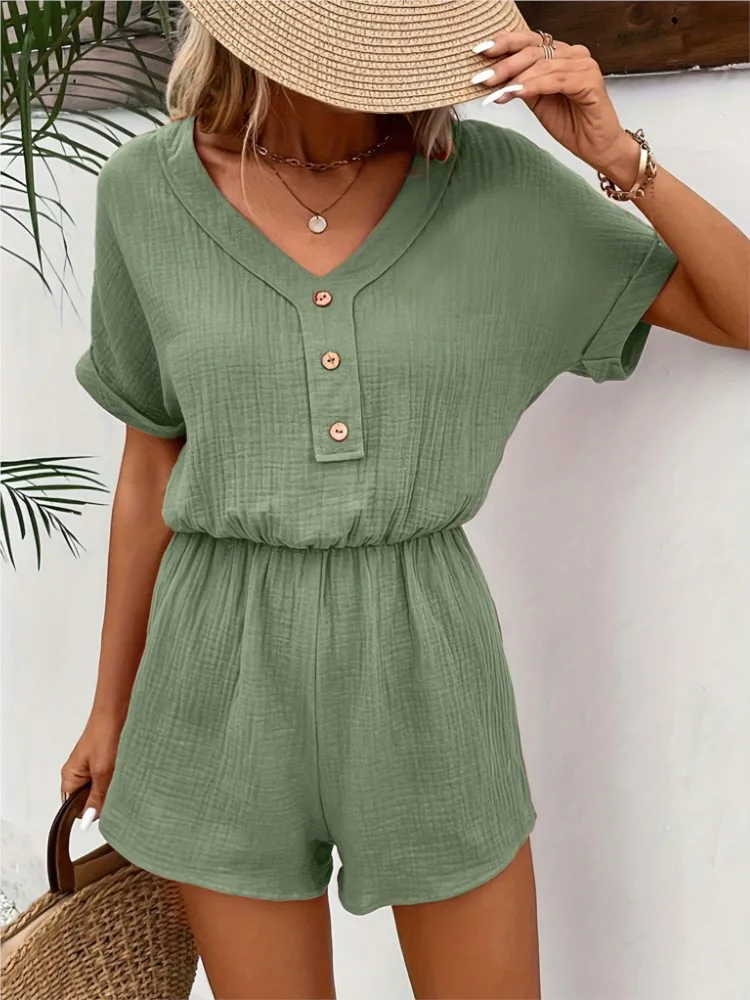 

Woman Fashion New Loose Playsuit 2025 Summer Casual Solid Color V Neck Short Sleeve Jumpsuits Office Ladies Jumpsuit