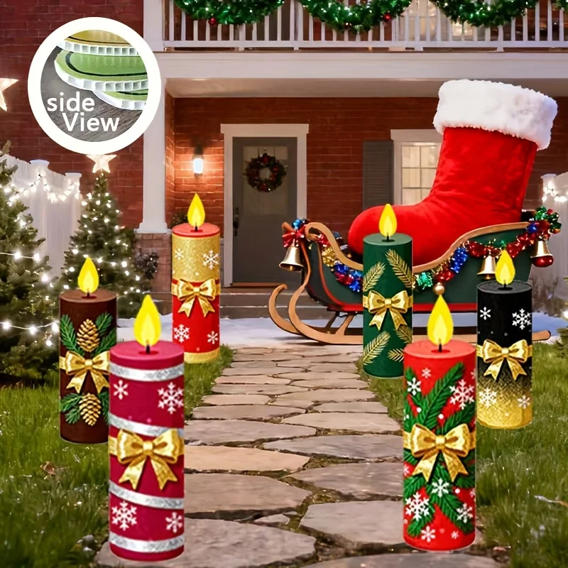 6Pcs Christmas Garden Candle Decoration Sign Set, Featuring Bow and Snowflake Designs, Is Perfect for Holiday Lawn Decorations