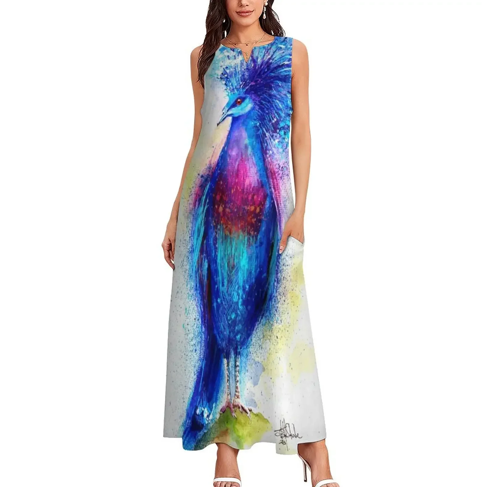 Blaues langes Kleid mit gekrönter Taube, Ballkleider 2025, elegante und hübsche Damenkleider, Kleid im koreanischen Stil