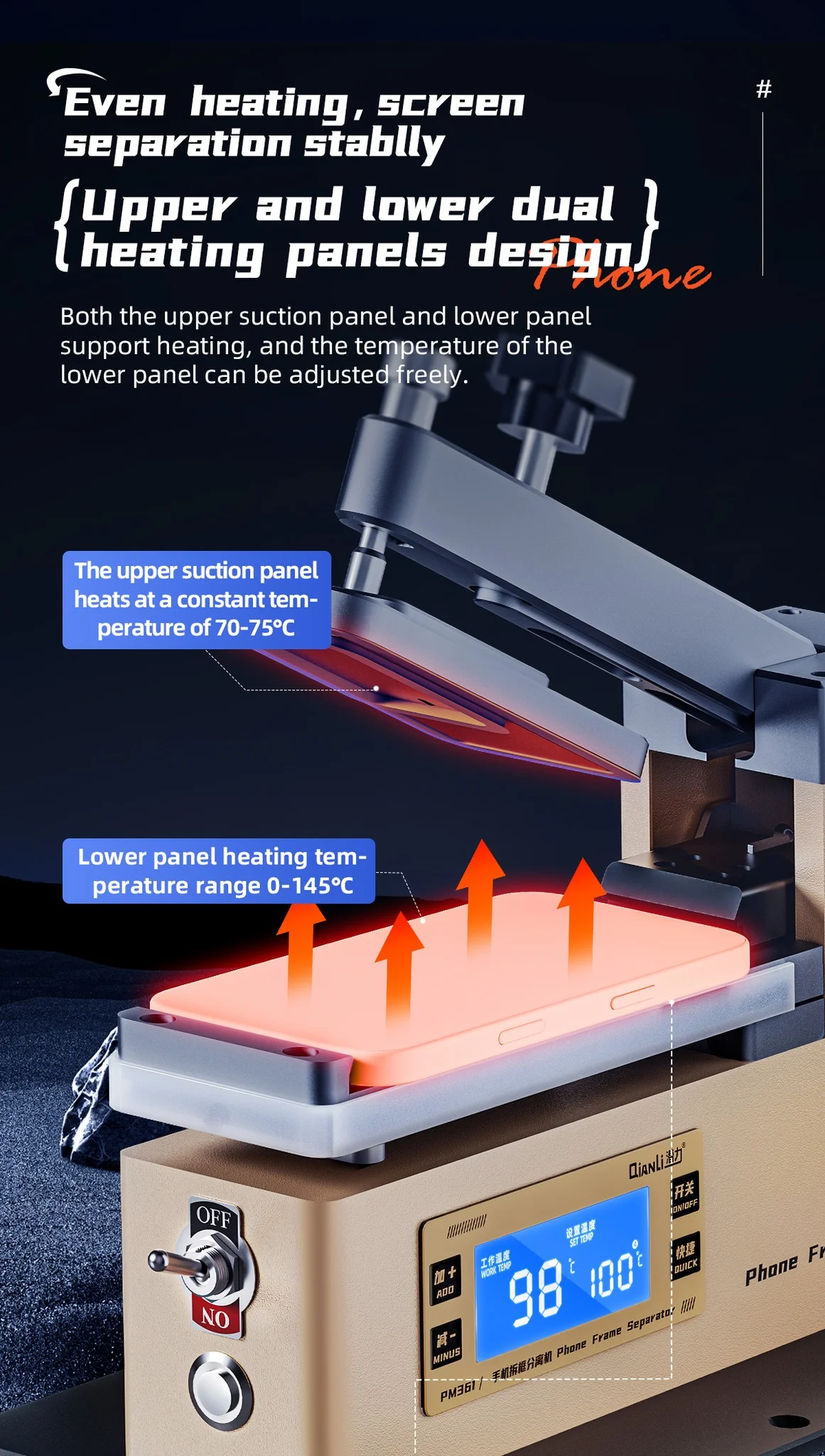 

QIANLI PM361 Машина для разделения задней крышки Электрический телефон для распаковки Верхняя нижняя машина для снятия экрана с подогревом Разделительный инструмент