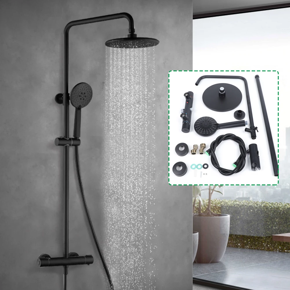 Shower System with Thermostat Black Faucet Shower Set 3 Spray Modes Hand Shower Rain Shower Height-Adjust