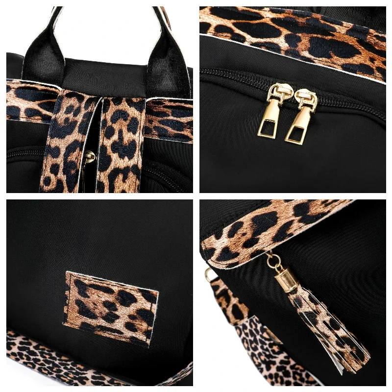 Leopard Print Stylish Multi-function Luxury Backpack Women Casual Tassels Large Capacity Backpack Anti theft Designer Nylon Bag