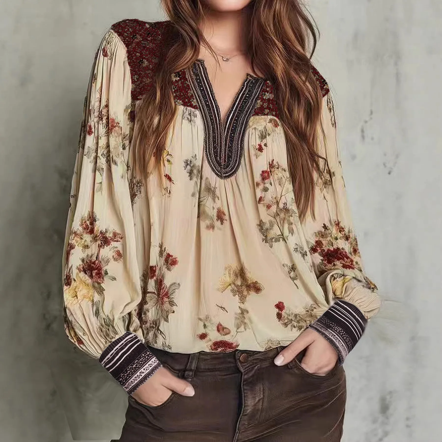 

Womens Top Spring New V-neck Lace Patchwork Long Sleeved Printed Shirt Fashionable Daily European and American Temperament
