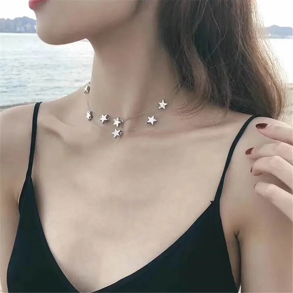 Multi Layer Invisible Fishing Line Star Pentagram Choker Necklace for Women Sexy Charm Sweet Short Chain Korean Fashion Jewelry