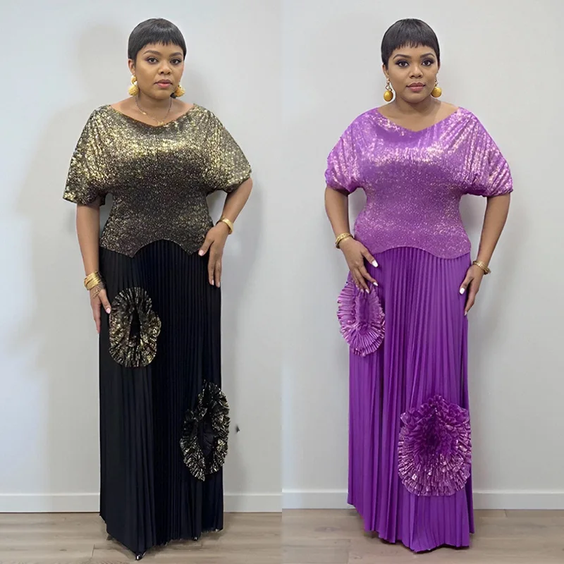 

2 Pieces Set African Dresses for Women Fashion Batwing Sleeve Tops Flower Pleated Skirt Outfits African Clothing Ankara Dashiki