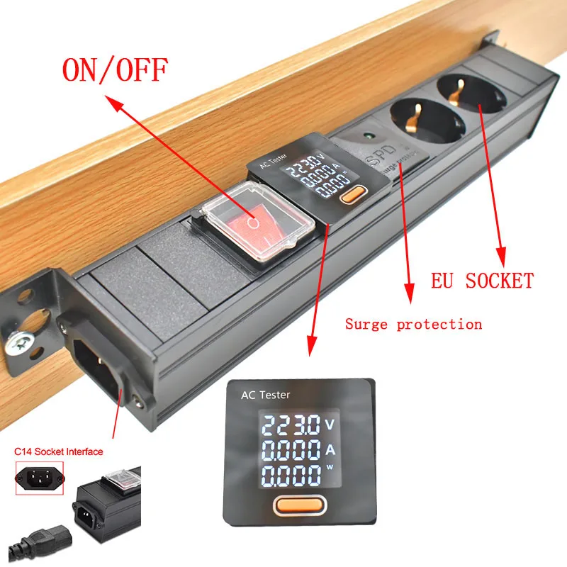 EU desktop Socket PDU Power Strip Network Cabinet Rack with Ammeter and Surge Protection C14 Charging Port No Extension Cable