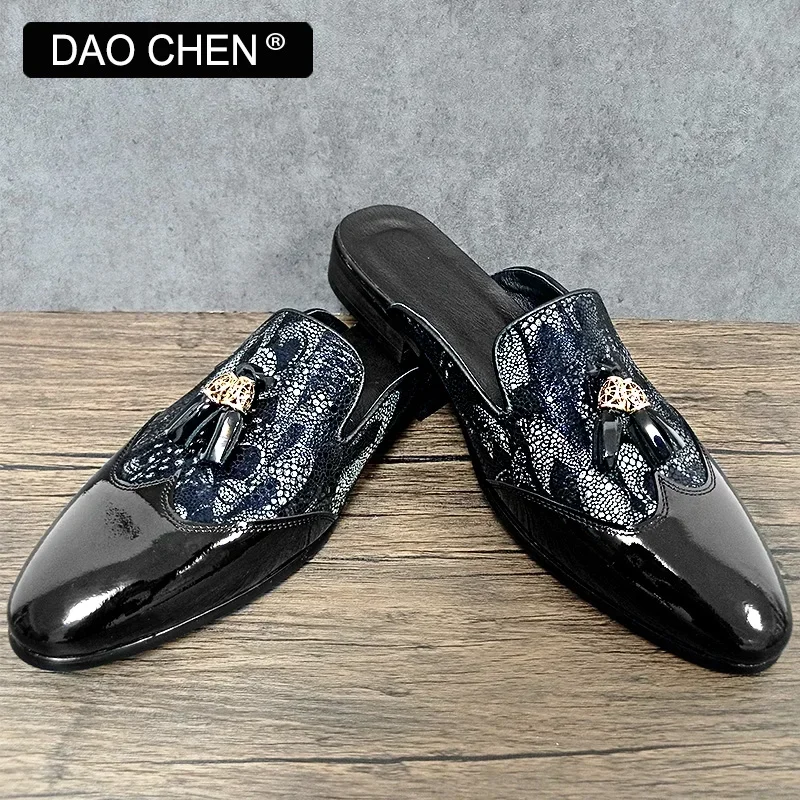 LUXURY BRAND MEN LEATHER SHOES BLACK BLUE FLOWER FIGURES CASUAL MENS DRESS SHOES SUMMER COMFORTABLE HALF SHOES FOR MEN