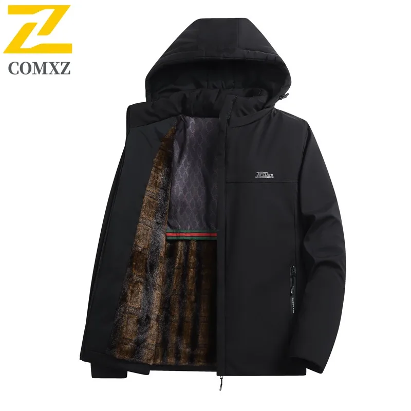 

COMXZ 2025 Mens Graphene Lined Fleece Hooded Jacket Winter Thickened Business American Style New Thick Warm Cold-proof Coat