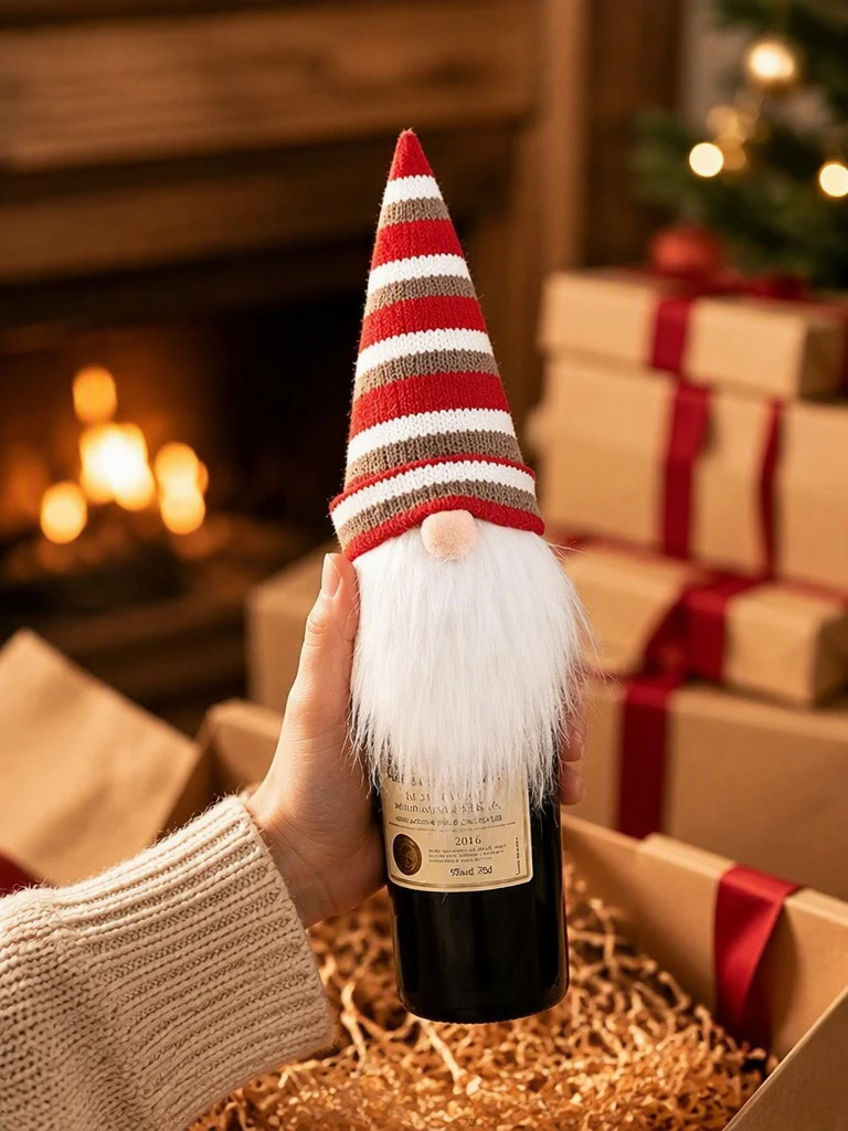 1pc Striped Christmas Gnome Wine Bottle, Scandinavian-Style Christmas Table Decoration Champagne Bottle Sleeve