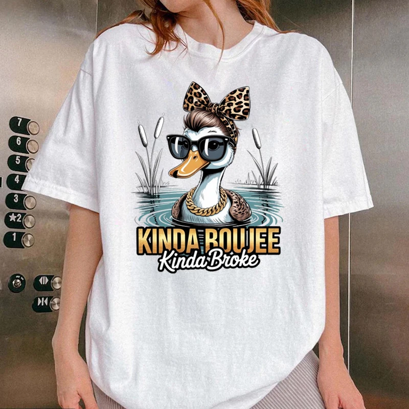 Kinda Boujee Kinda Broke Duck Women's T-Shirt Funny Quote Casual Tee Cute Duck Leopard Bow Casual Top Funny Humor Girls Clothing