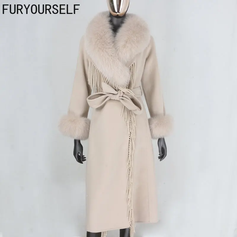 

FURYOURSELF 2023 Tassel Cashmere Wool Blends Real Fur Coat Belt Winter Jacket Women Natural Fox Fur Collar and Cuffs Streetwear