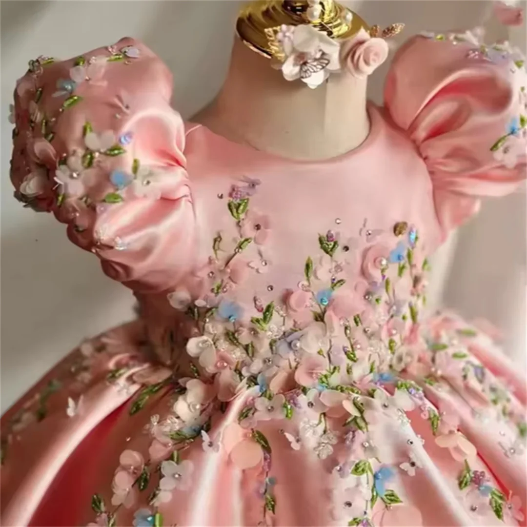 Custom Pink Satin Puff Sleeve 3D Floral Embroidered Flower Girl Dress Wedding Gown for First Christmas Kids Party Outfit