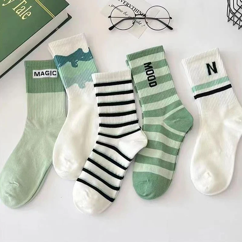 3/7 Pairs Women Striped Printed Mid Tube Socks Spring Summer Breathable Fashionable Letter Printed Street Style Casual Socks
