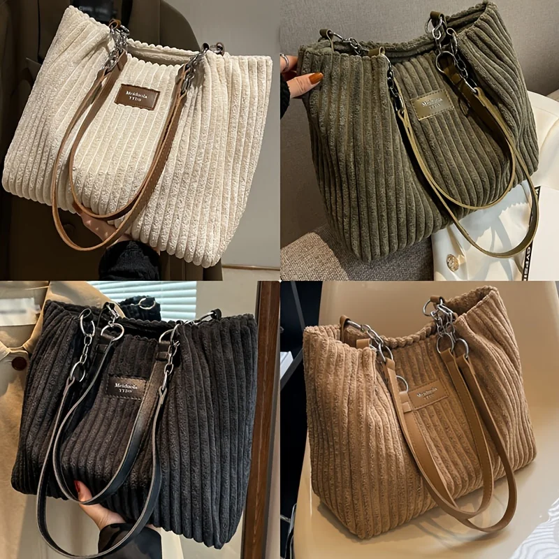 Cord-Einkaufstasche mit großem Fassungsvermögen, Umhängetasche mit Kettenriemen für Damen, Polyesterfutter, Reißverschluss, Schwarz, Beige, Khaki, Grün – Detail 12