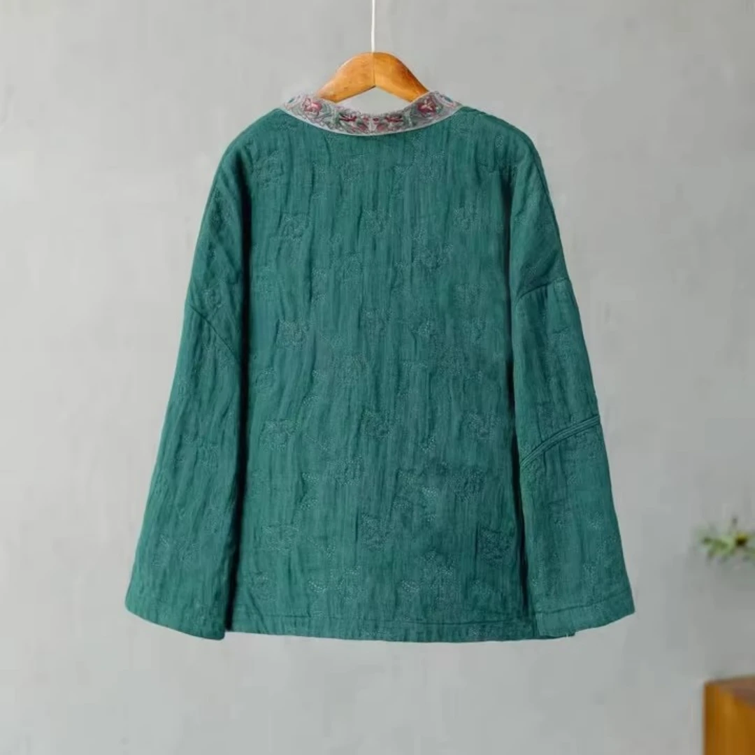 Vintage woman coat Green cotton linen Short padded jacket Ethnic style embroidery loose V-neck quilted jacket Autumn clothes