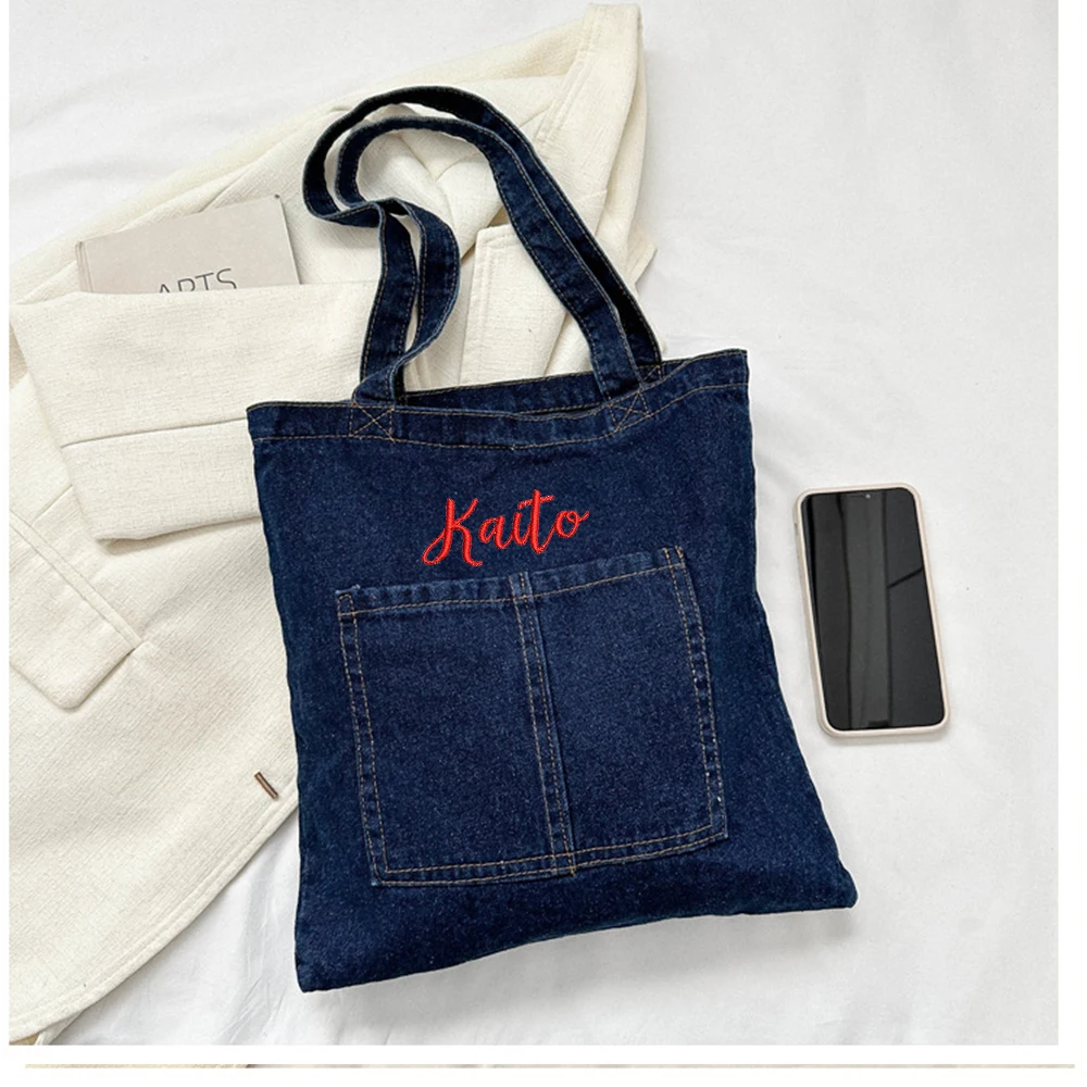 Geborduurde Effen Kleur Grote Capaciteit Schoudertas, Casual Eenvoudige Modieuze Denim Tas, Gepersonaliseerde Aangepaste Canvas Handtas