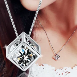 New Fashion Square Geometric Pendant Necklaces Shiny Crystal CZ Stone Inlaid Box Chain Choker Neck Accessories Jewelry Gifts