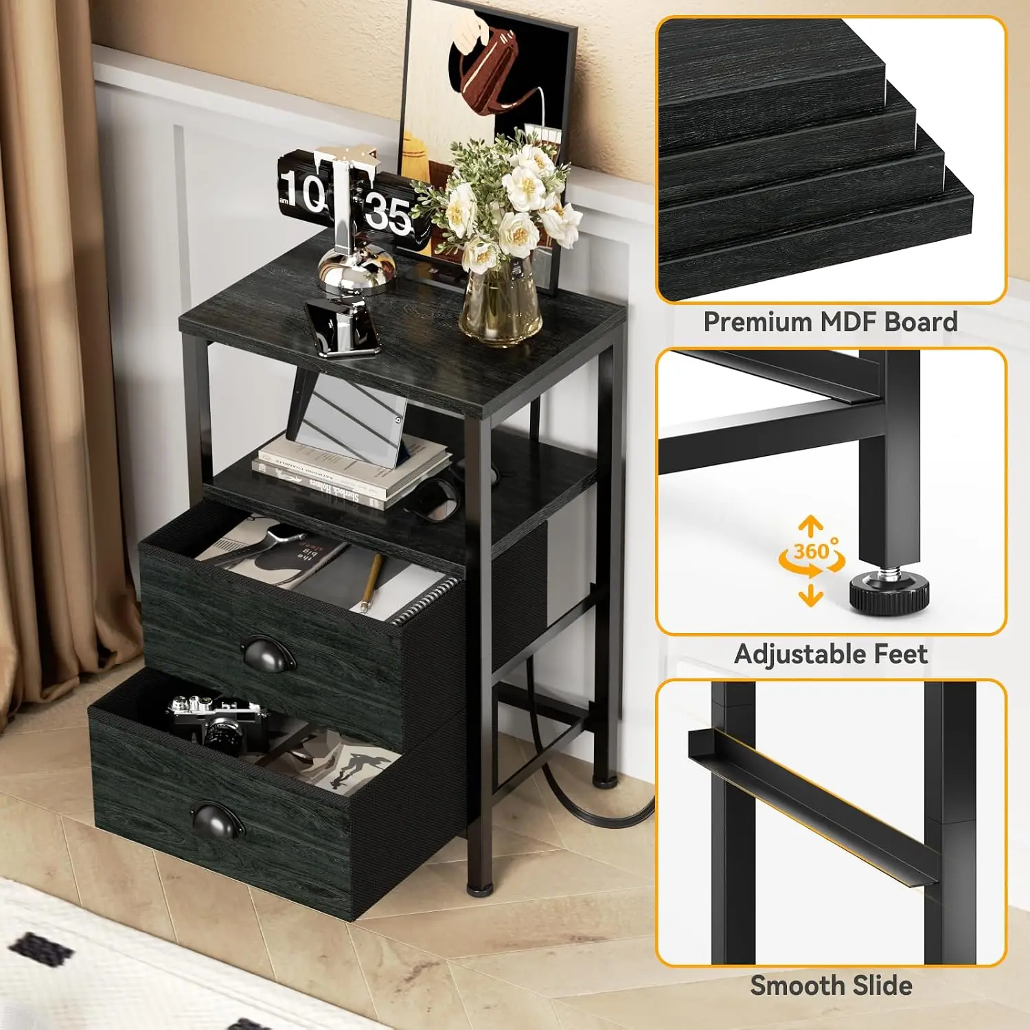 Nightstands Set of 2 with LED Lights & Charging Station, Black End Tables with Fabric Drawers for Bedroom/Living Room - view 6