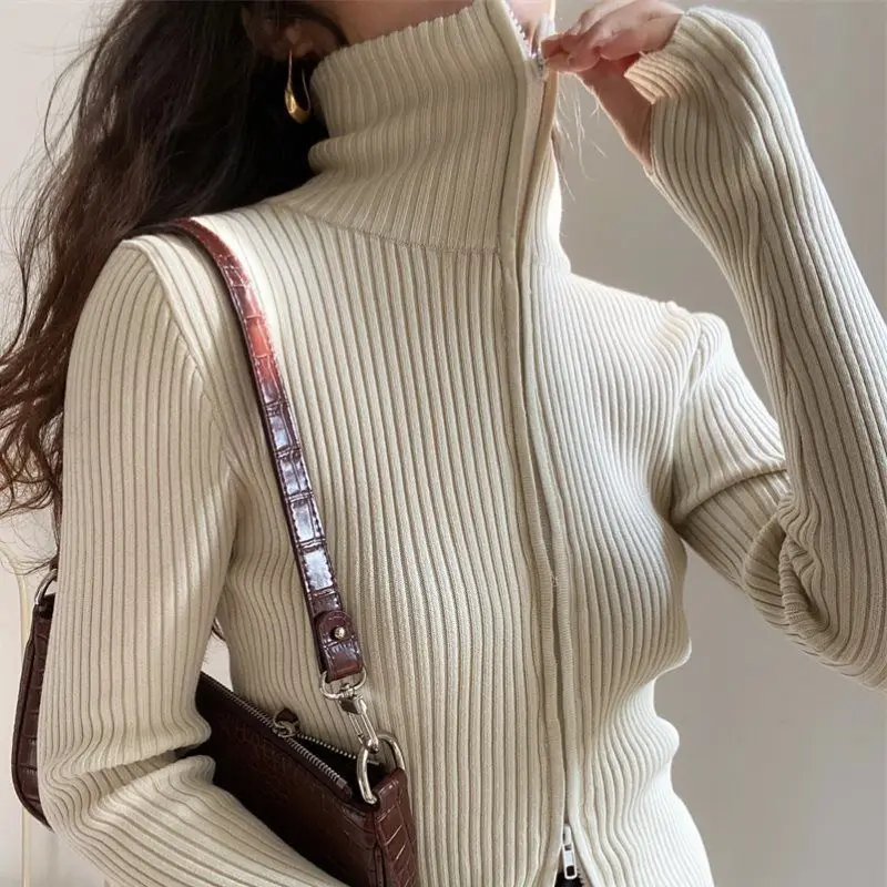 Knitted Cardigan Women Double Zippered Solid Long Sleeve Cropped Tops Casual Turn-down Collar Sexy Slim Fashion Basic Sweaters