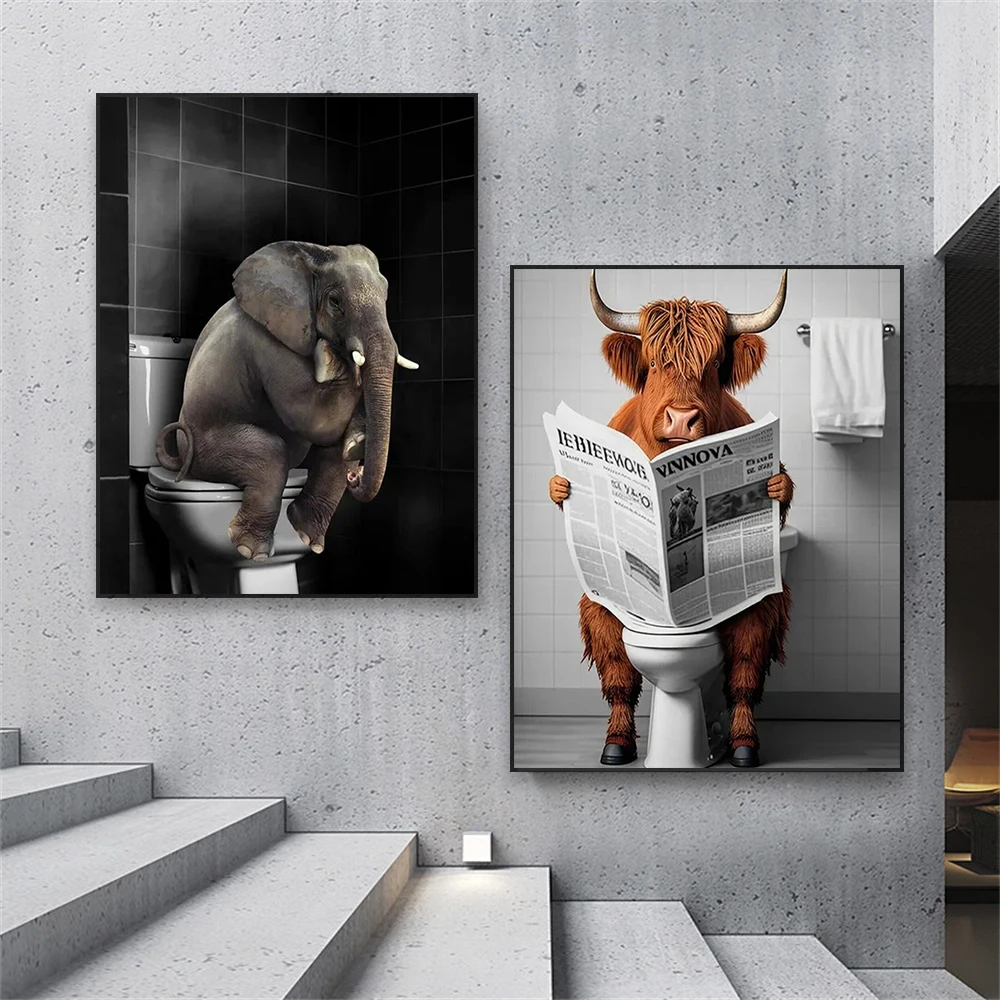 

Funny Elephant On The Toilet Poster Restroom Humor Canvas Print Bathroom Cute Cow Bathroom Canvas Painting Wall Decor