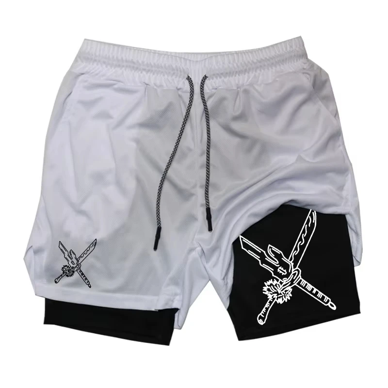 

Print 2-in-1 Men's Sports Shorts Gym Workout Running Shorts with Mobile Phone Pocket Towel Ring Anime Sports Quick-drying Shorts