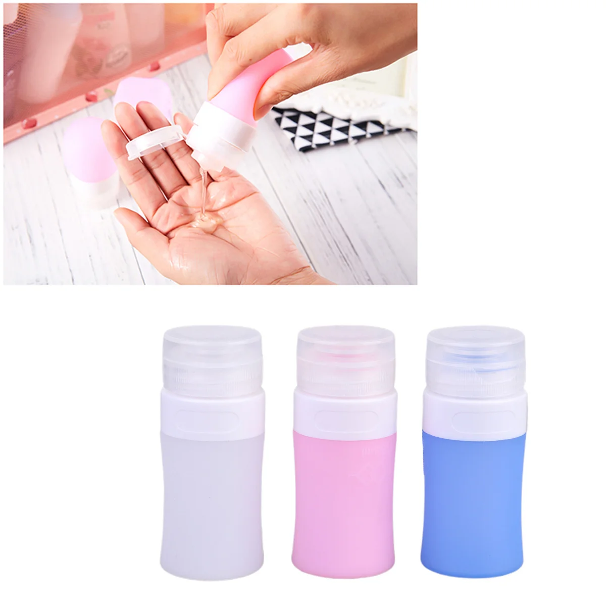 3 個のシリコーン詰め替えボトル絞りローション容器環境に優しいポータブルディスペンサー旅行用ブルーホワイトピンク