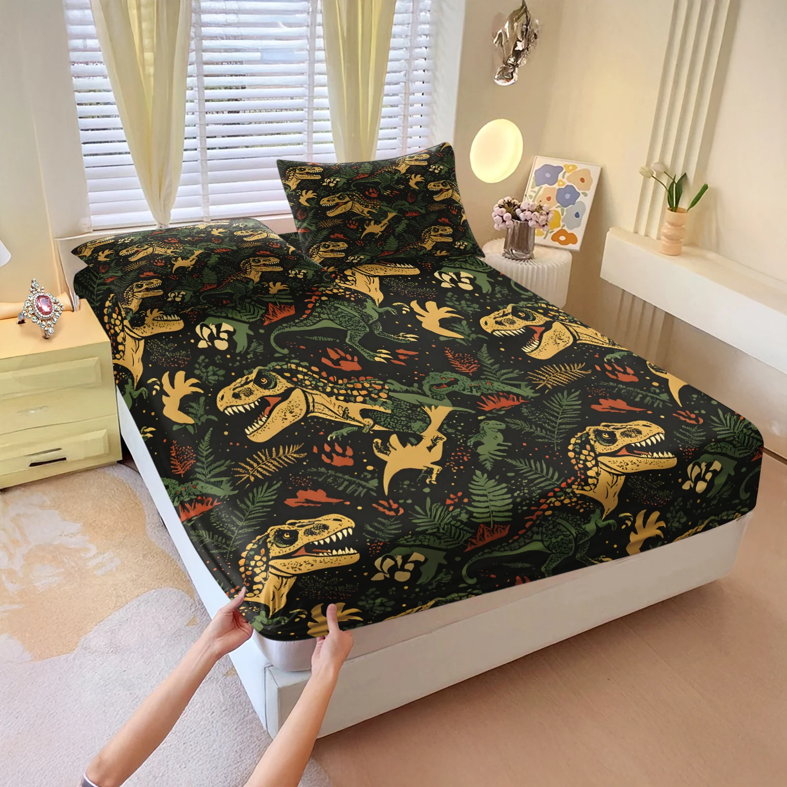 Vintage Dinosaur Fitted Sheet Set Retro Tyrannosaurus Rex Jurassic Jungle Fern Leaf Print Elastic Deep Pocket Bed Sheet Set