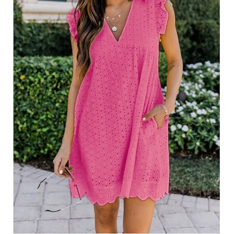 Elegant Women Lace Jacquard Hollow V-Neck Dress Double Layer Pocket Blouse Top Spring Summer