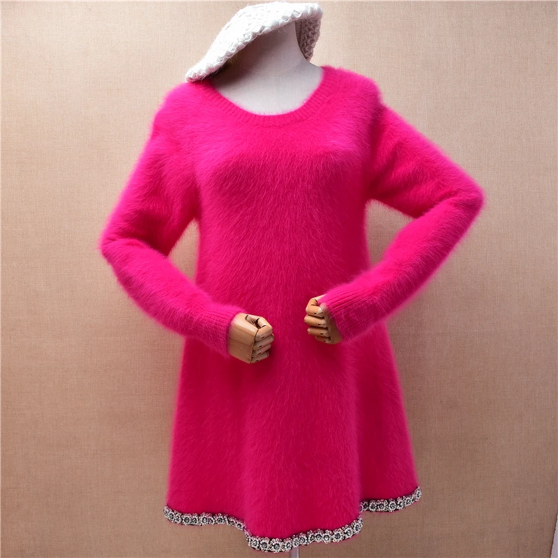 Ladies Women Autumn Winter Beading Pull Rose Hairy Mink Cashmere Knitted O-Neck Long Sleeves Slim Long Sweater Dress Jumper Top