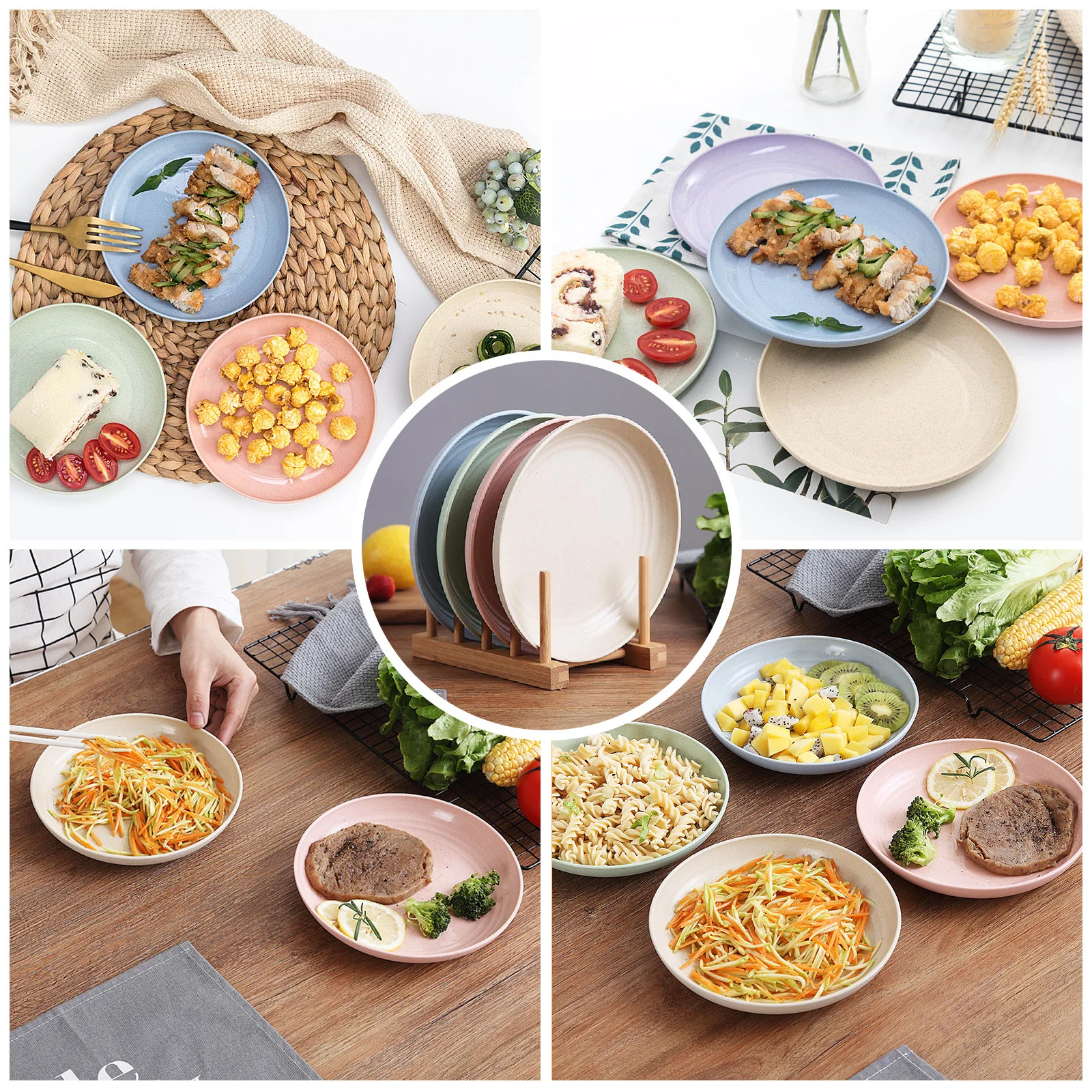 

5pcs Wheat Straw Dinner Plates Set Natural Pp Material Unbreakable Lightweight Shallow Rim Flat Bottom Microwave Dishwasher Safe