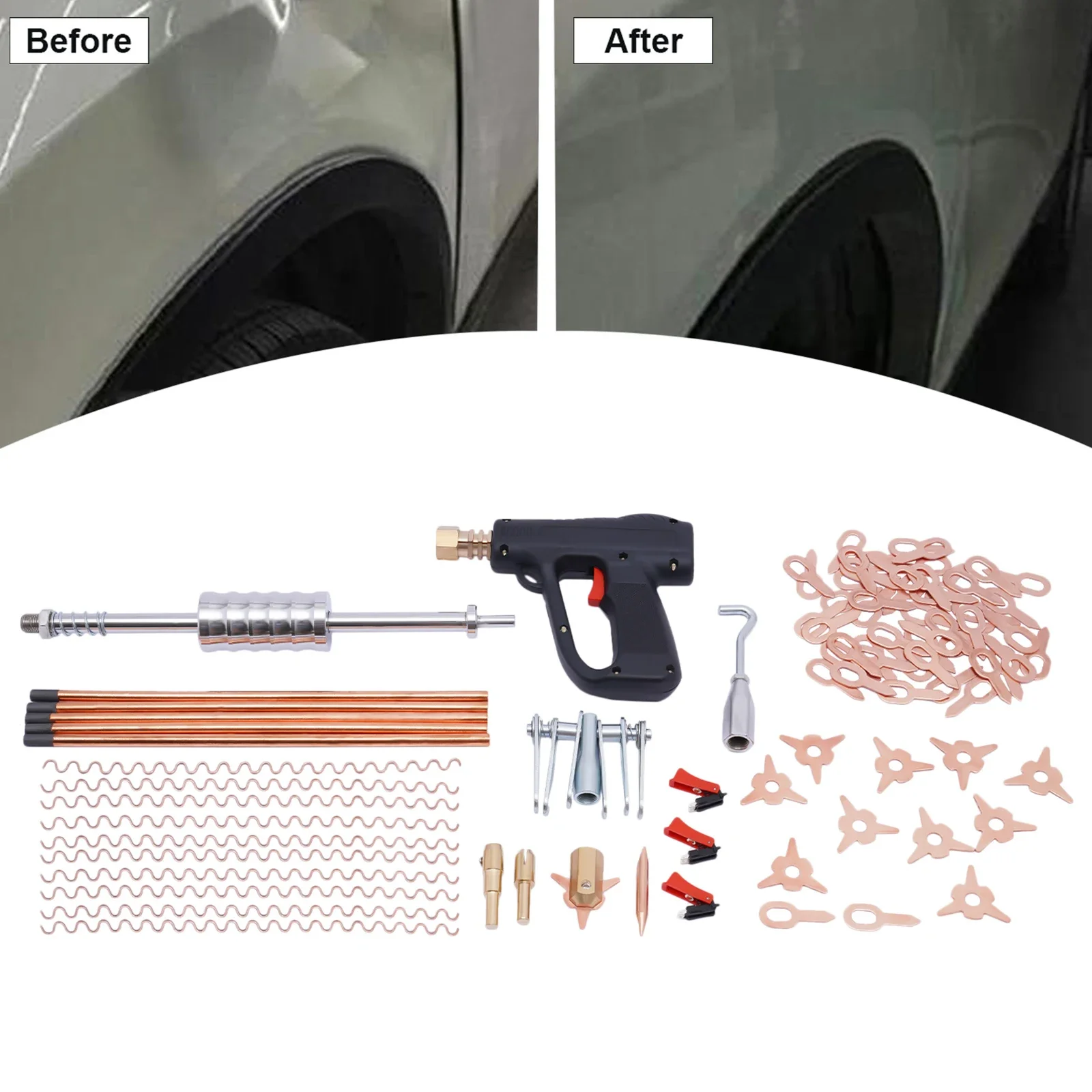 

BYMAOCAR Инструмент для ремонта листового металла 86x Набор для сварки шпилек Съемник вмятин Сварочный аппарат Устройство для ремонта точек кузова автомобиля Шпилька