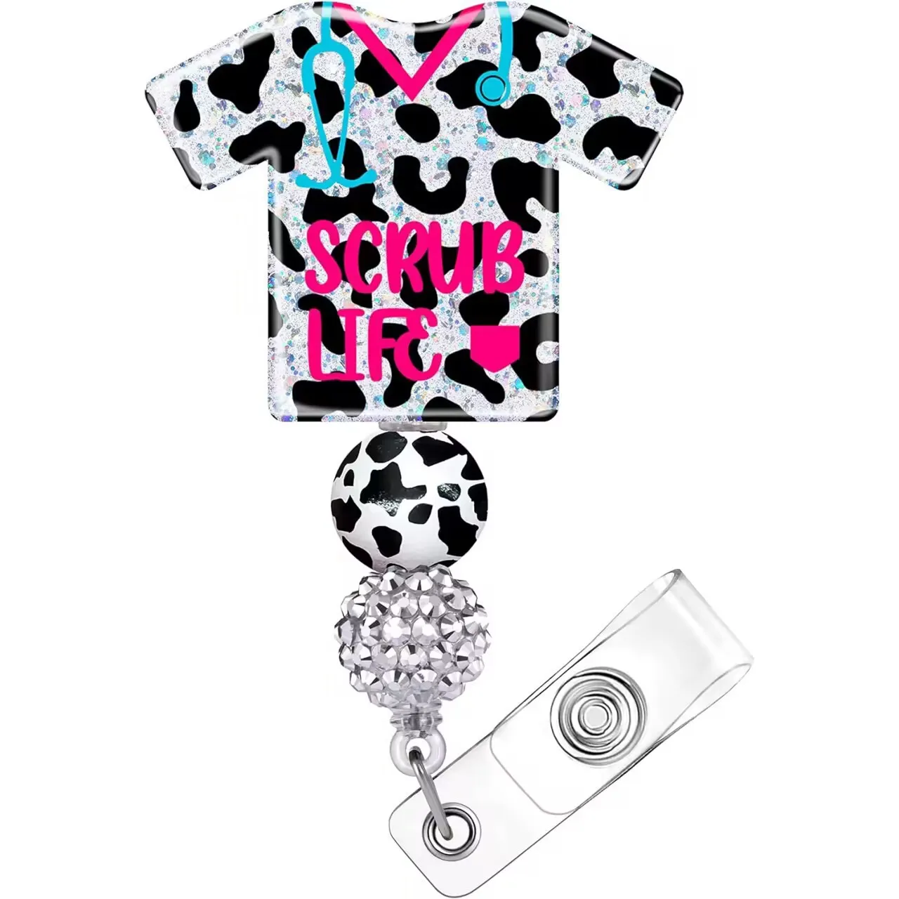 2026 New Design 1 Piece Shiny Acrylic Anime Beaded Retractable Nurse Badge Reel Doctor ID Card Holder Alligator Clip Key Lanyard