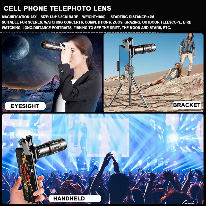 4 in 1 Phone Camera Lens Kit 28X Telephoto Lens Macro 0.6X Wide Angle 198° Fisheye Phone Camera Lens Kit with Bracket