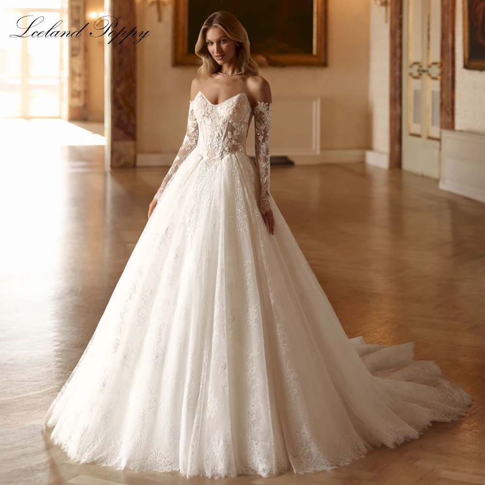 Lceland Poppy Customized A Line Lace Wedding Dresses Strapless Illusion Beaded Bridal Gowns with Removable Sleeves