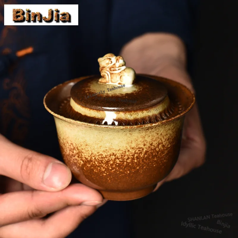 Kiln Fambe Lion Teapot Handmade Tea Infuser Pot Tea Soaking Kettle With Strainer Dahongpao Tea Ceremony Accessories Gifts Craft