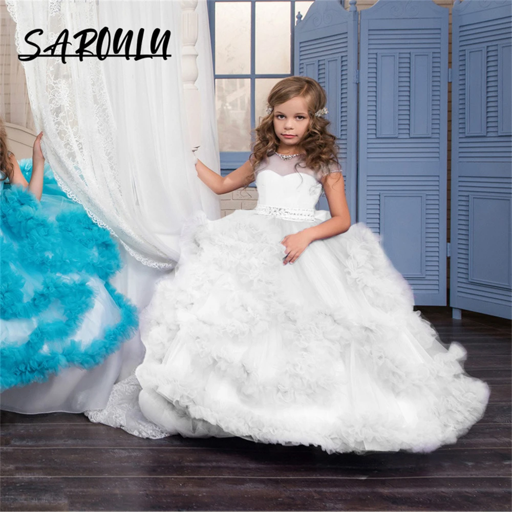 Fluffy Cute Ball Gown For Girls Short Sleeves Bow Tulle Children Formal Dresses Wedding Guest Gowns