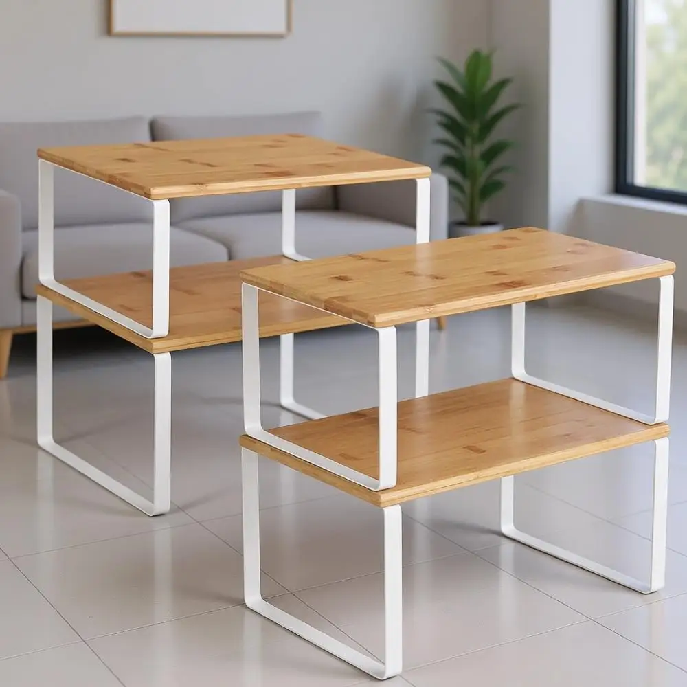 

4-Piece Kitchen Counter Shelving Set, Stackable Storage Rack, Spice Organizer, Metal & Wood, Cloud White and Natural Beige