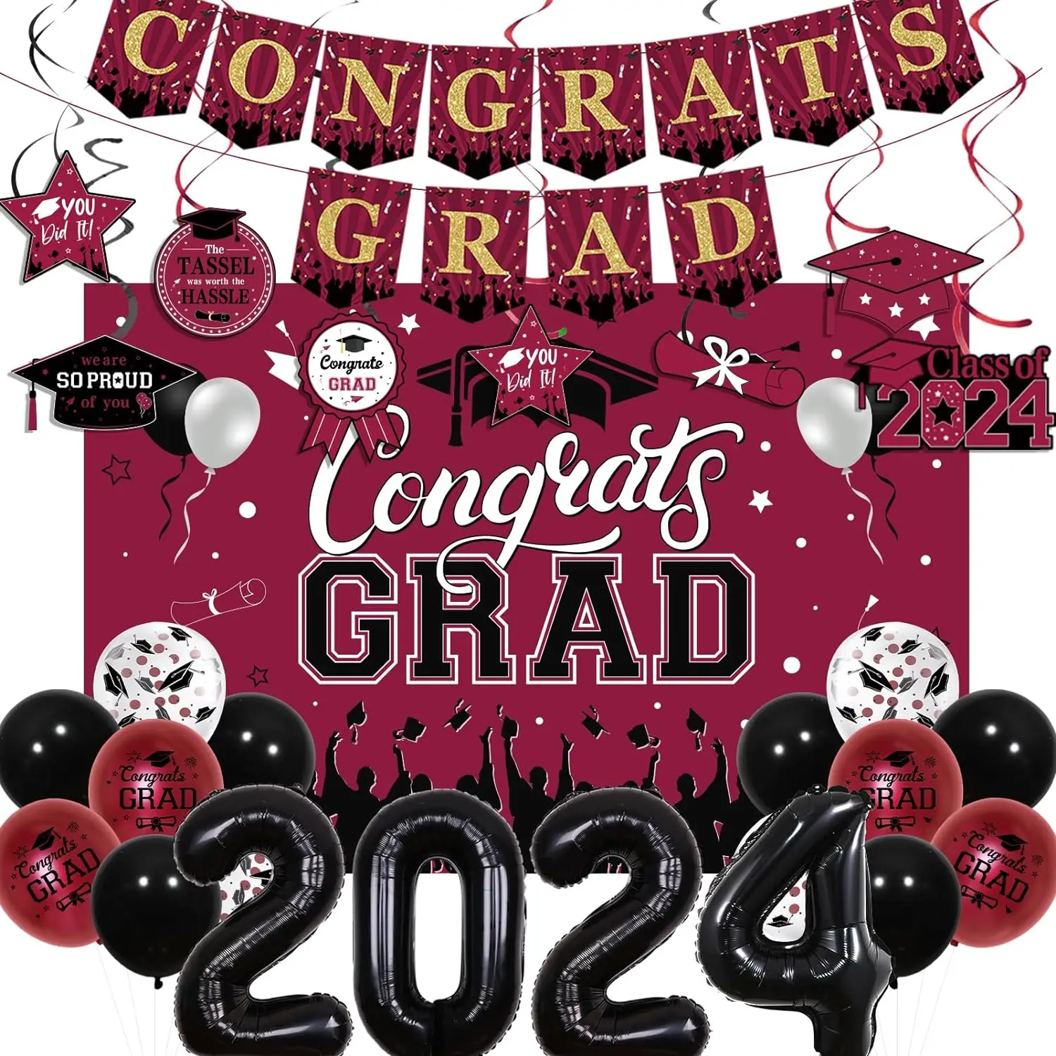 Congrats Grad Graduation Party Decor Class of 2024We Are So Proud of You Hanging Swirl Balloons Backdrop for Graduation Ceremony