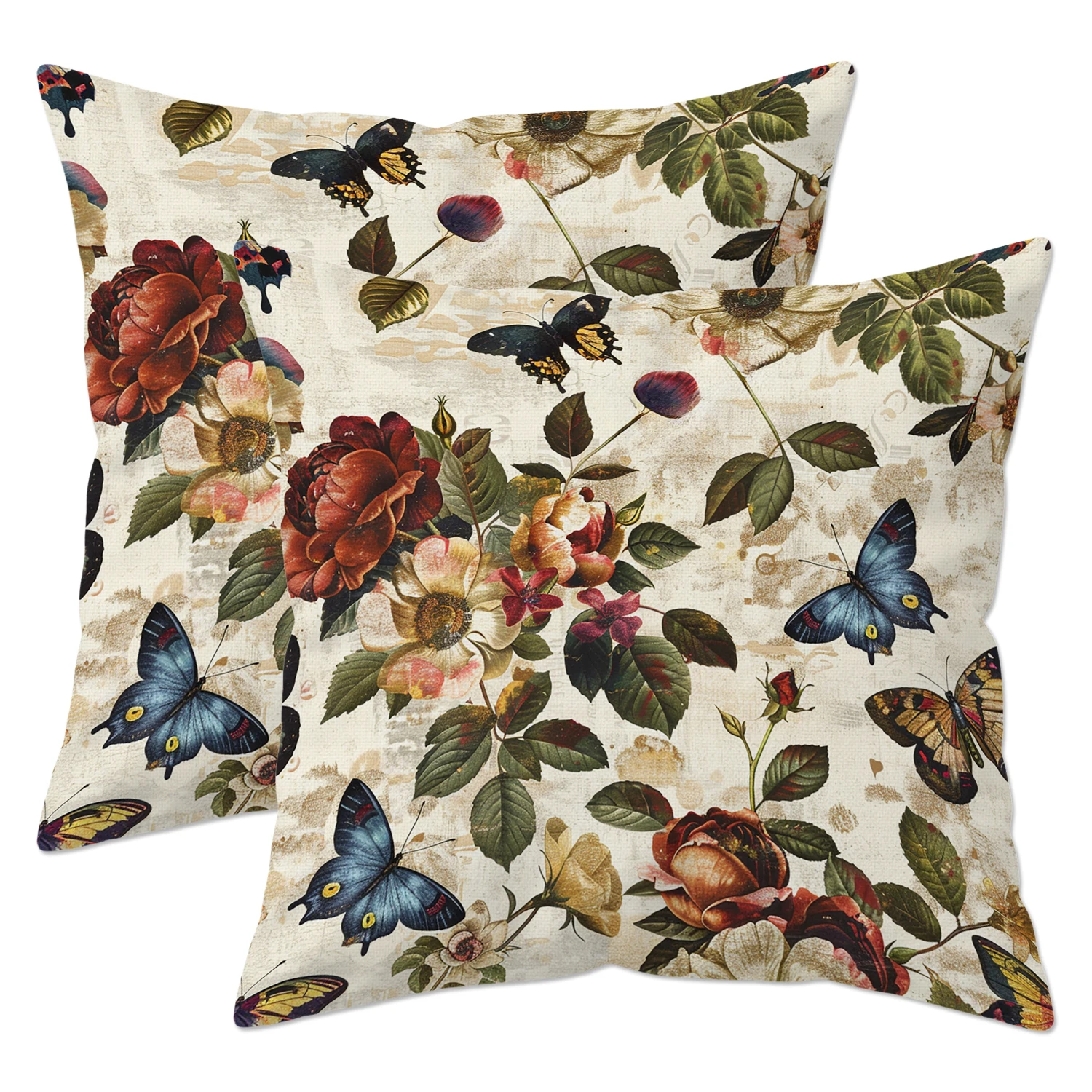 

Vintage Floral Butterfly Pillow Covers Set of 2, Double-Sided Print White Linen Rustic Style Cushion Cases for Home Sofa Decor