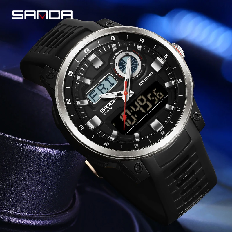 SANDA 3389 Men's Sports Quartz Electronic Digital LED Dual Display Multifunctional watch multi-timezone waterproof digital watch