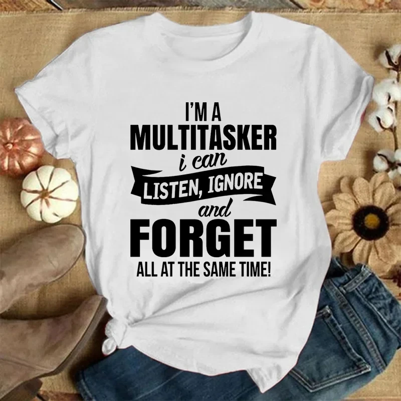 I'm A Multitasker Print T-shirt with Funny Saying Men and Women's Fashion Graphic Tee Black T Shirt Short Sleeve Shirts 50935