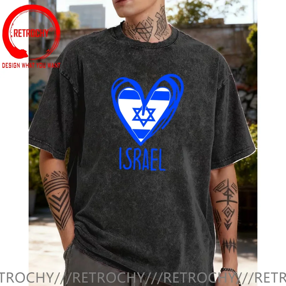 Vintage Washed Cotton T-Shirt Funny Designer Israeli Flag Love Heart T Shirt Men Fashion Trendy Casual Clothing Stylish Tops Tee