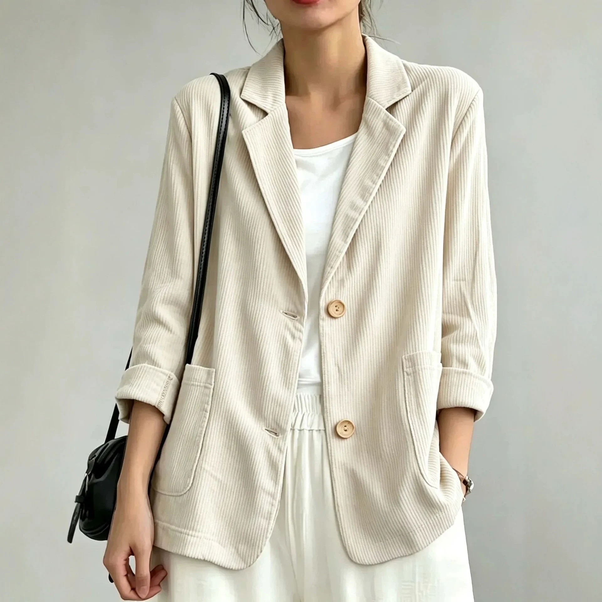 Women's Corduroy Blazer Casual Lapel Collar Button Down Jacket Relaxed Fit Long Sleeve Outerwear with Pockets