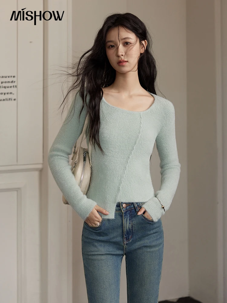 MISHOW Women’s Asymmetric Casual Sweater Knitted Pullover 2024 Fall Winter Korean Square Neck Soft Tops Solid Sweater MXD35Z0986