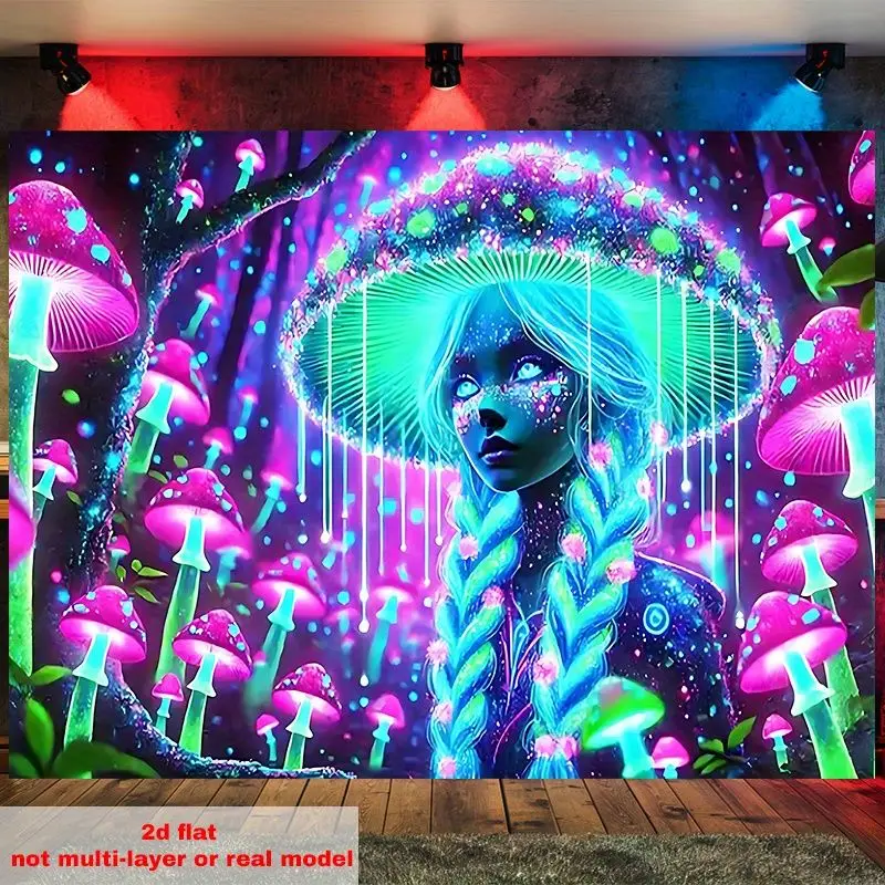 VIKAMA Blacklight Mushroom Fairy Girl Tapestry Neon Pink Blue Braided Hair Wall Hanging UV Trippy Magical Room Decor