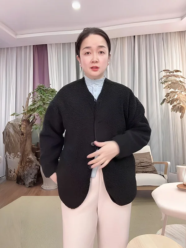 

Ladies Thiened Lamb Fur Open Cardigan Coat Warm Faionable Anti-Aging Winter Outerwear Loose Fit Long Sve Button down